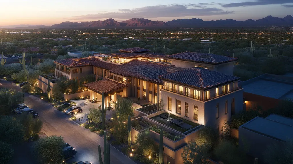 A commercial roof on a mid-rise building in a location similar to Phoenix with an illuminated nightscape aesthetic (AI image)