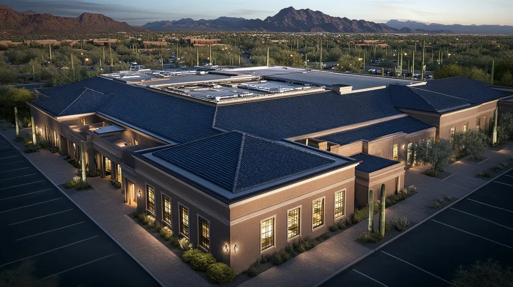 A commercial roof on a mid-rise in a location similar to Phoenix with an illuminated nightscape aesthetic (AI image)