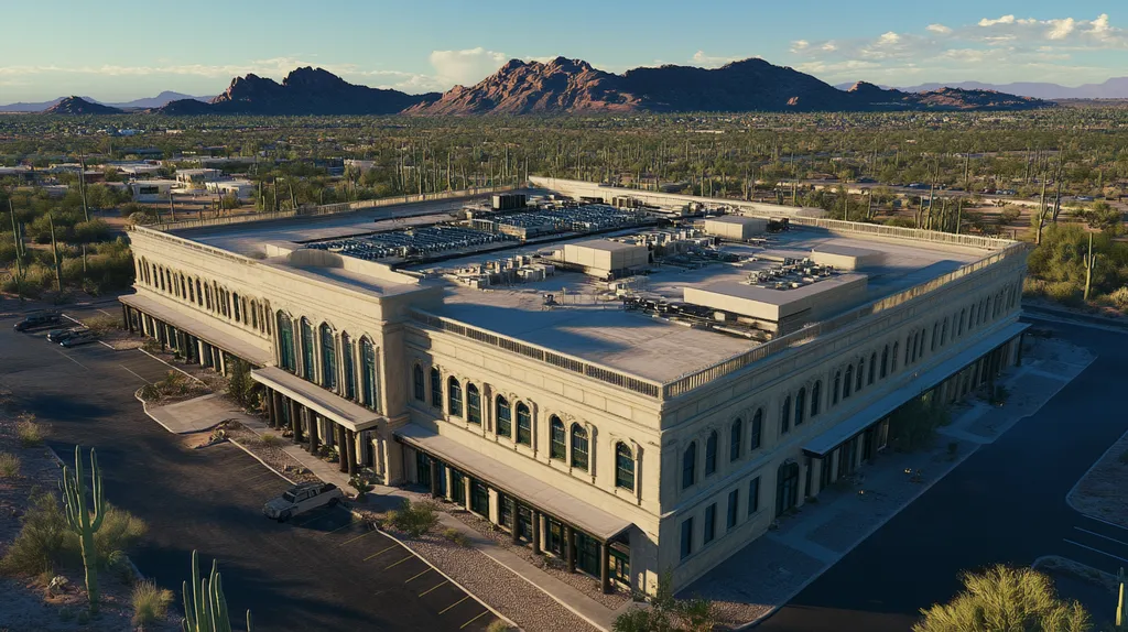 A commercial roof on a mid-rise in a location similar to Phoenix with an illuminated nightscape aesthetic (AI image)