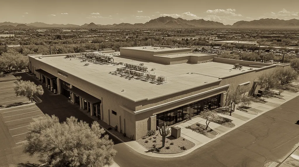 A commercial roof on a mid-rise building in a location similar to Phoenix with a tintype aesthetic (AI image)