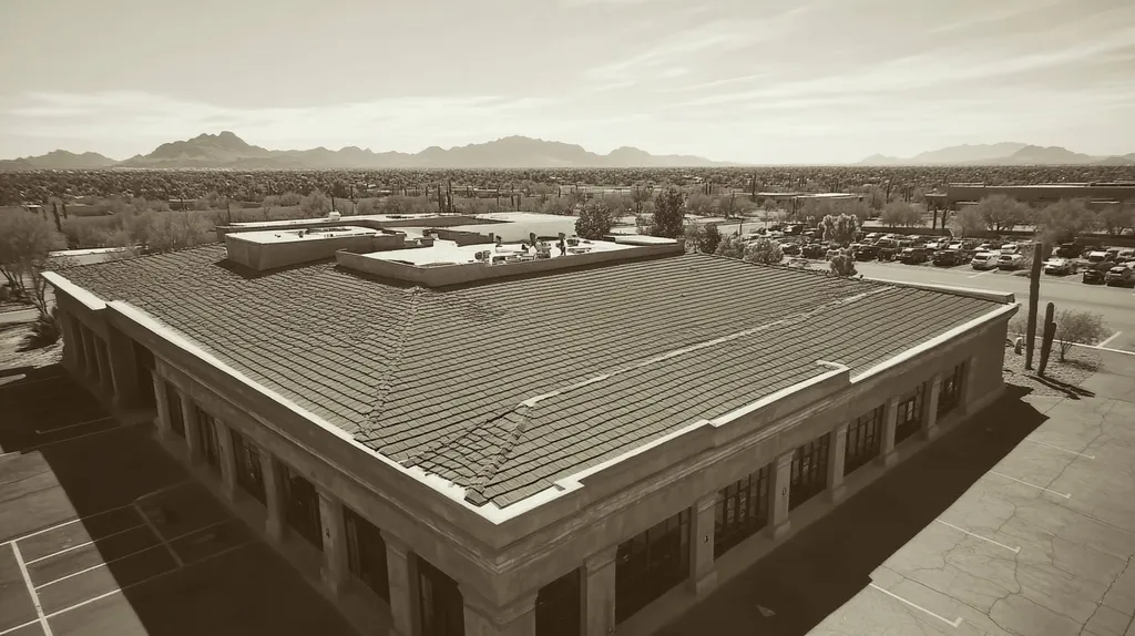 A commercial roof on a mid-rise in a location similar to Phoenix with a tintype aesthetic (AI image)
