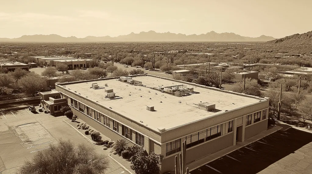 A commercial roof on a mid-rise in a location similar to Phoenix with a tintype aesthetic (AI image)