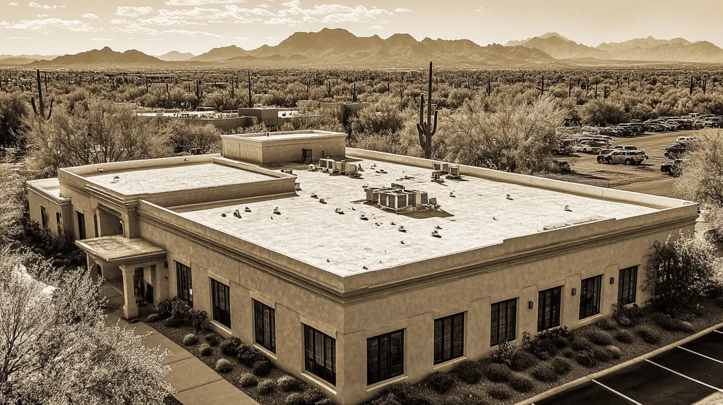 A commercial roof on a mid-rise in a location similar to Phoenix with a tintype aesthetic (AI image)
