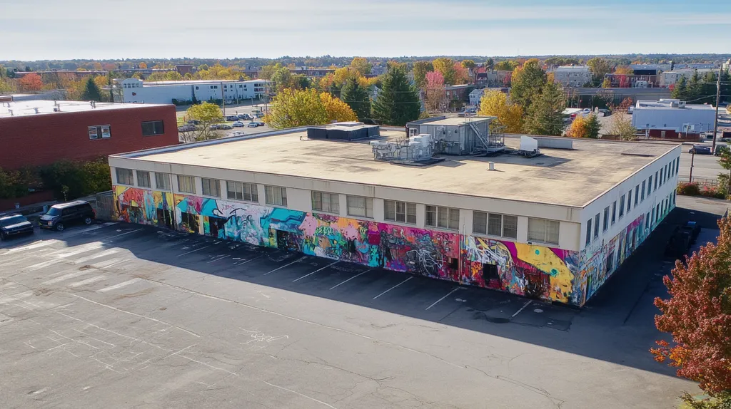 A commercial roof on a mid-rise in a location similar to Portland, Maine with a graffiti mural aesthetic (AI image)