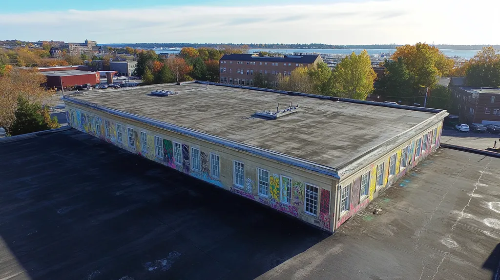 A commercial roof on a mid-rise in a location similar to Portland, Maine with a graffiti mural aesthetic (AI image)