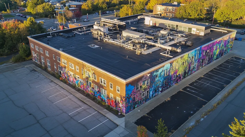 A commercial roof on a mid-rise in a location similar to Portland, Maine with a graffiti mural aesthetic (AI image)