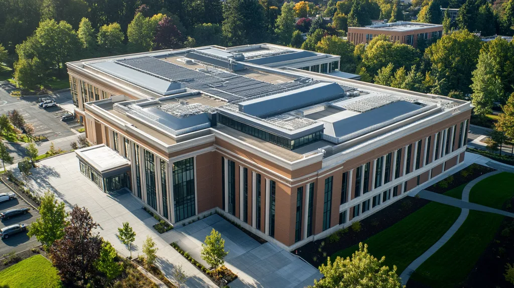 A commercial roof on a mid-rise in a location similar to Portland with an architectural photography aesthetic (AI image)