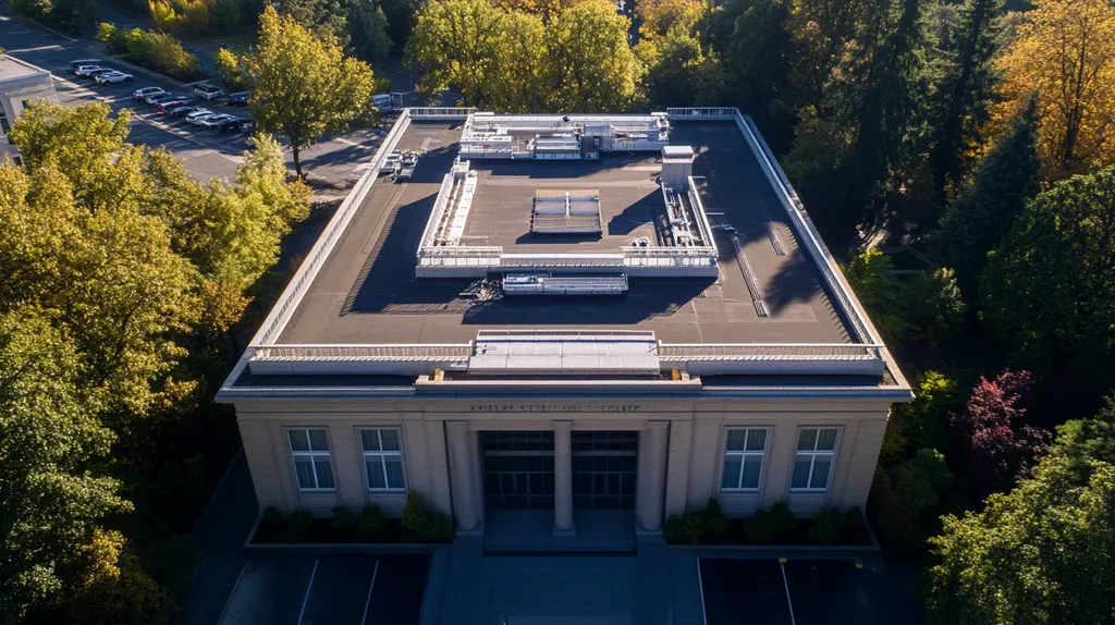 A commercial roof on a mid-rise in a location similar to Portland with an architectural photography aesthetic (AI image)