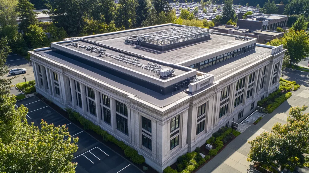 A commercial roof on a mid-rise in a location similar to Portland with an architectural photography aesthetic (AI image)
