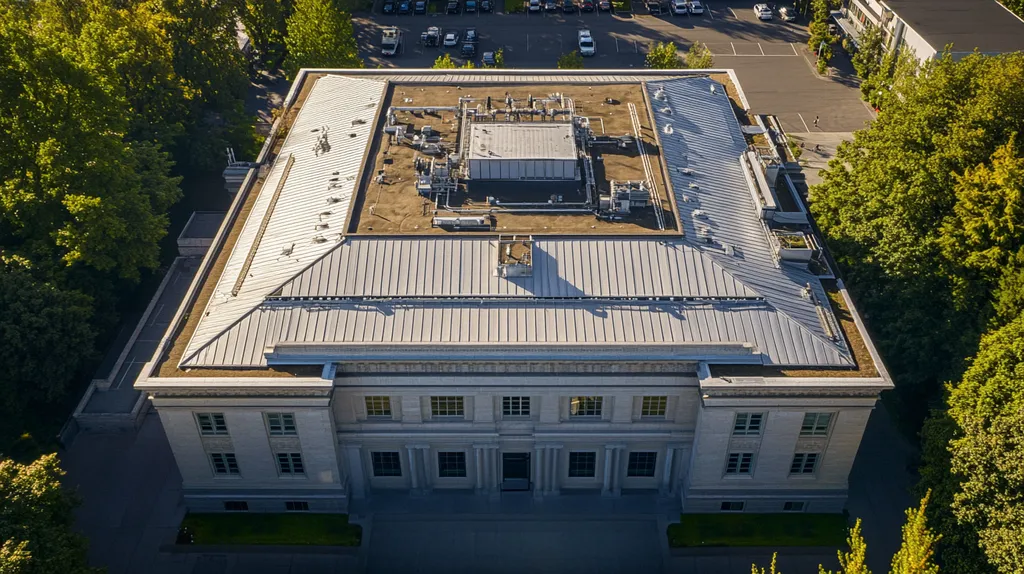 A commercial roof on a mid-rise in a location similar to Portland with an architectural photography aesthetic (AI image)