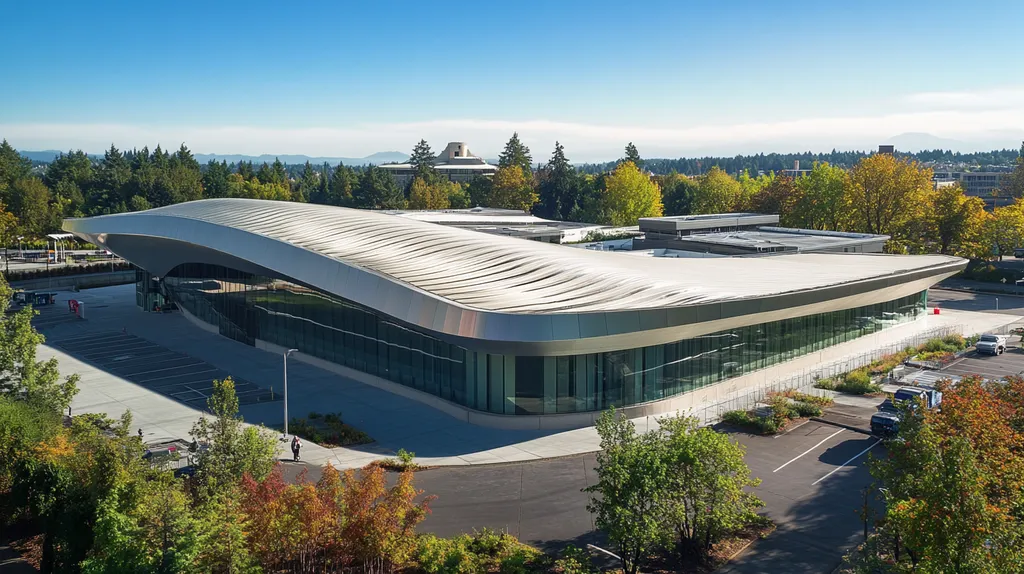 A commercial roof on a mid-rise in a location similar to Portland with a futuristic aesthetic (AI image)