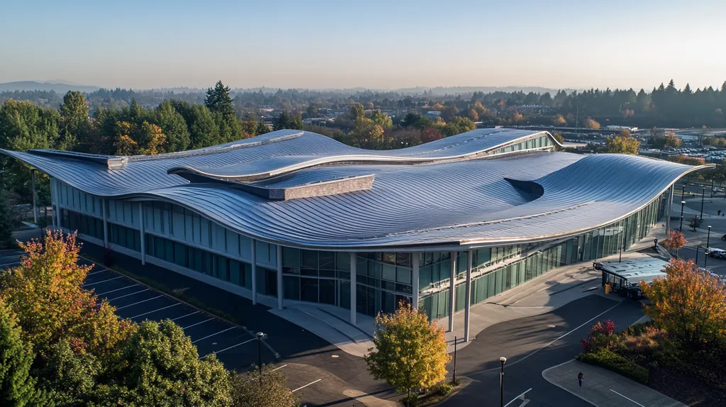 A commercial roof on a mid-rise building in a location similar to Portland with a futuristic aesthetic (AI image)