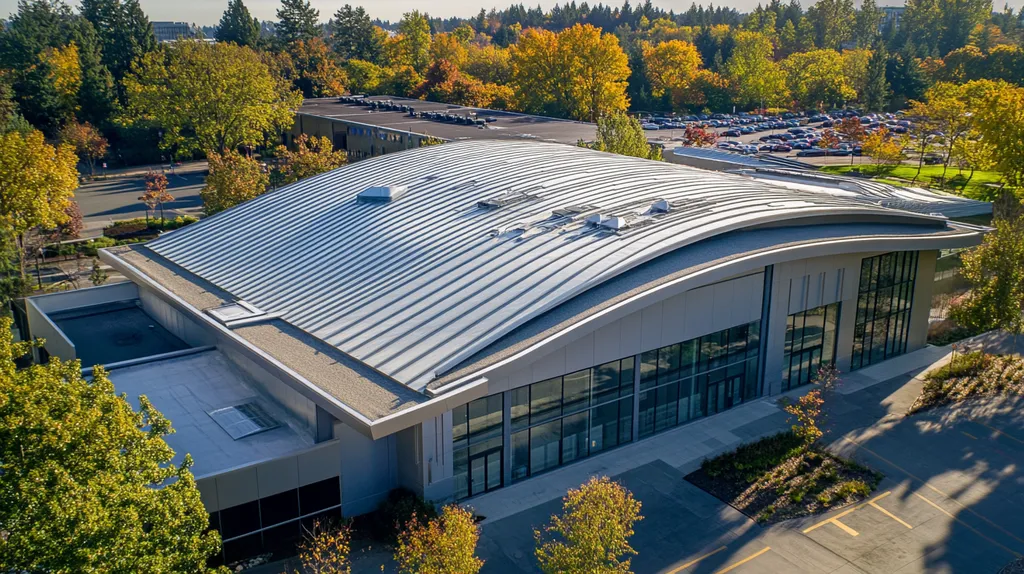 A commercial roof on a mid-rise in a location similar to Portland with a futuristic aesthetic (AI image)