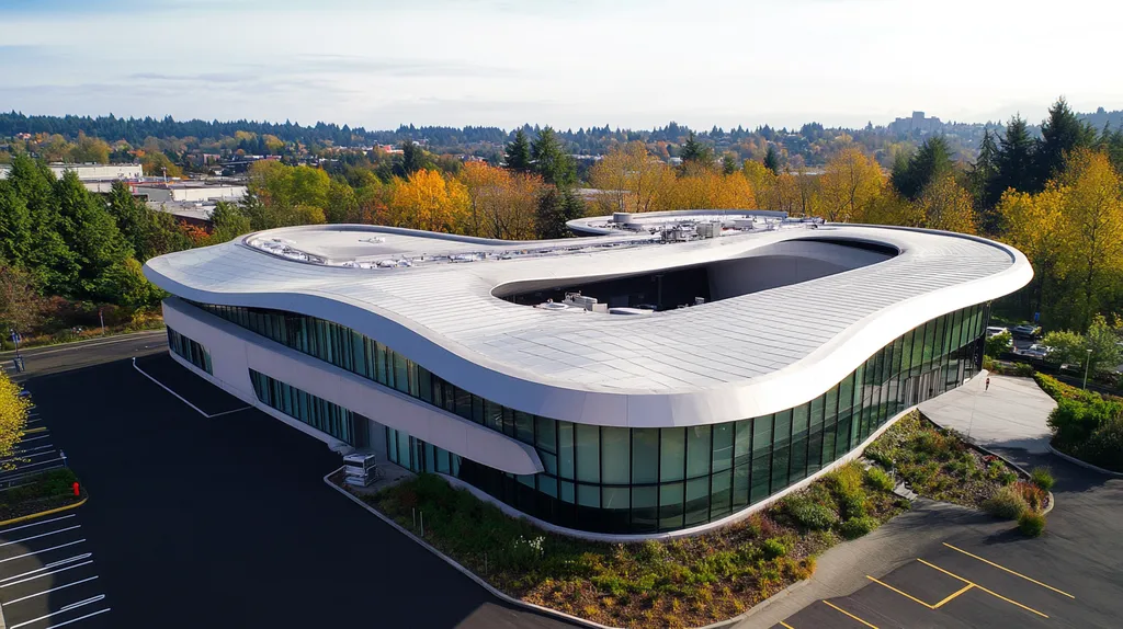 A commercial roof on a mid-rise in a location similar to Portland with a futuristic aesthetic (AI image)