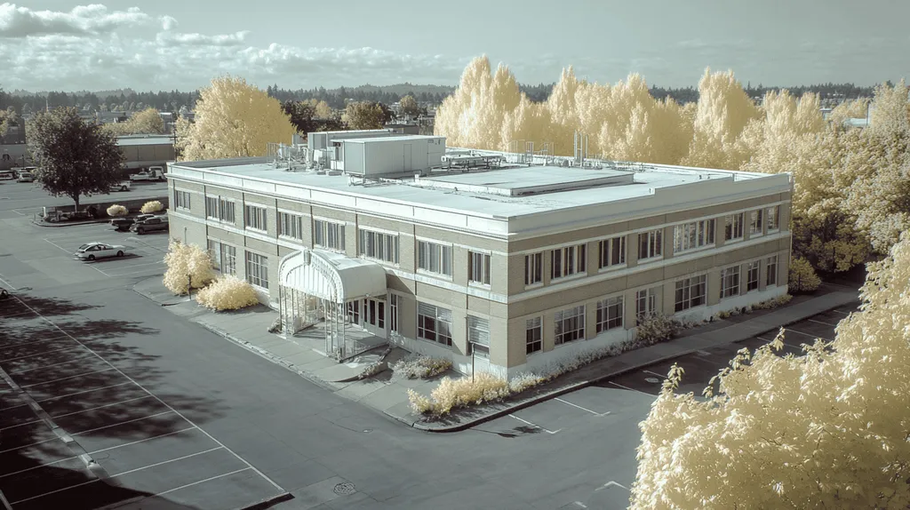 A commercial roof on a mid-rise in a location similar to Portland with an infrared photography aesthetic (AI image)