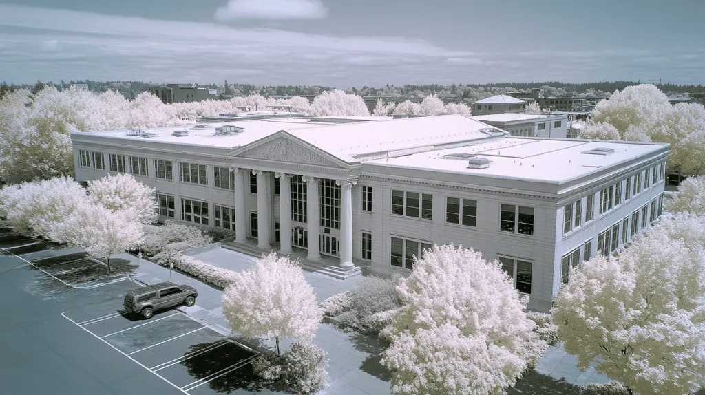 A commercial roof on a mid-rise in a location similar to Portland with an infrared photography aesthetic (AI image)