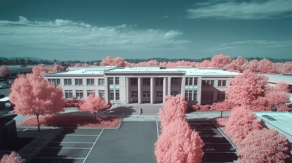 A commercial roof on a mid-rise in a location similar to Portland with an infrared photography aesthetic (AI image)