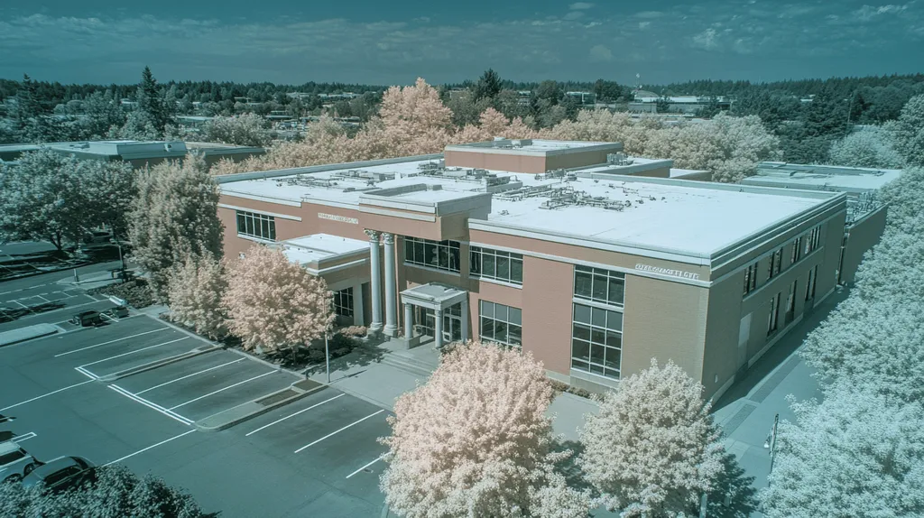 A commercial roof on a mid-rise in a location similar to Portland with an infrared photography aesthetic (AI image)