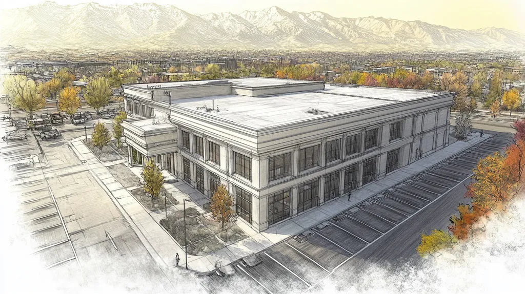 A commercial roof on a mid-rise in a location similar to Salt Lake City with a charcoal sketch aesthetic (AI image)