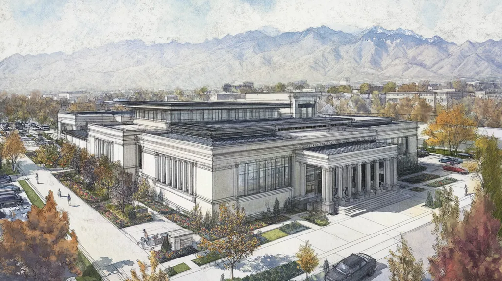 A commercial roof on a mid-rise in a location similar to Salt Lake City with a charcoal sketch aesthetic (AI image)