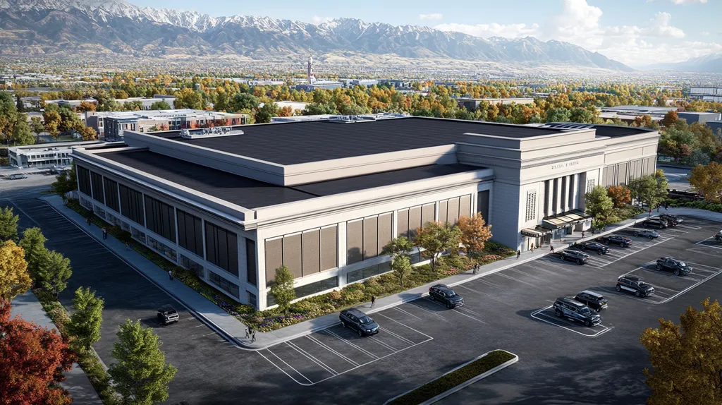 A commercial roof on a mid-rise in a location similar to Salt Lake City with a comic book style aesthetic (AI image)