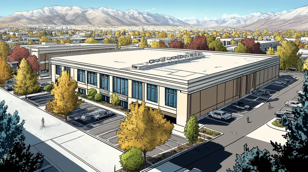 A commercial roof on a mid-rise in a location similar to Salt Lake City with a comic book style aesthetic (AI image)