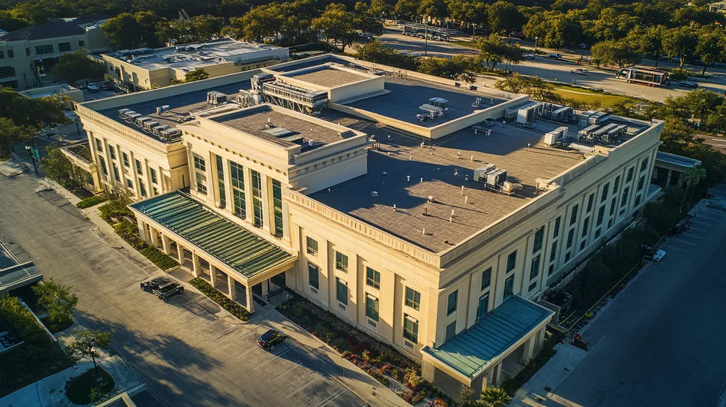A commercial roof on a mid-rise in a location similar to San Antonio with an architectural photography aesthetic (AI image)
