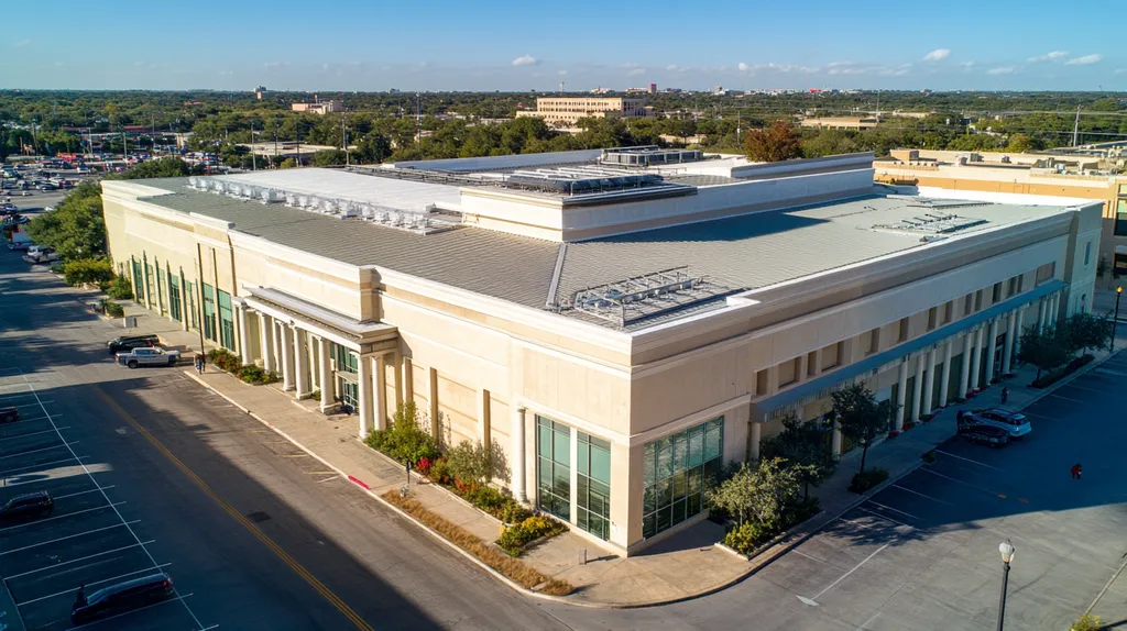 A commercial roof on a mid-rise in a location similar to San Antonio with an architectural photography aesthetic (AI image)