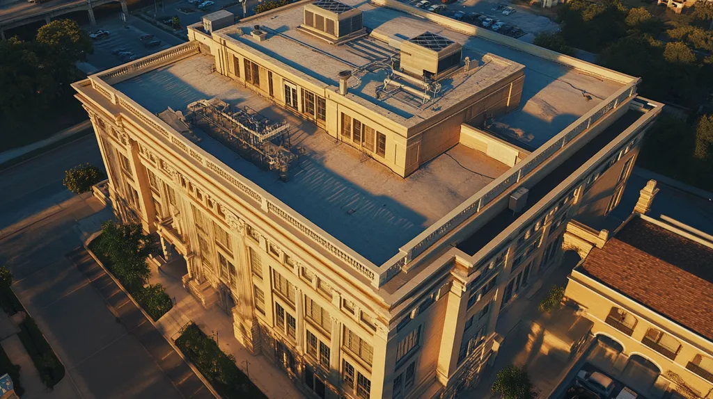 A commercial roof on a mid-rise in a location similar to San Antonio with an ethereal glow aesthetic (AI image)