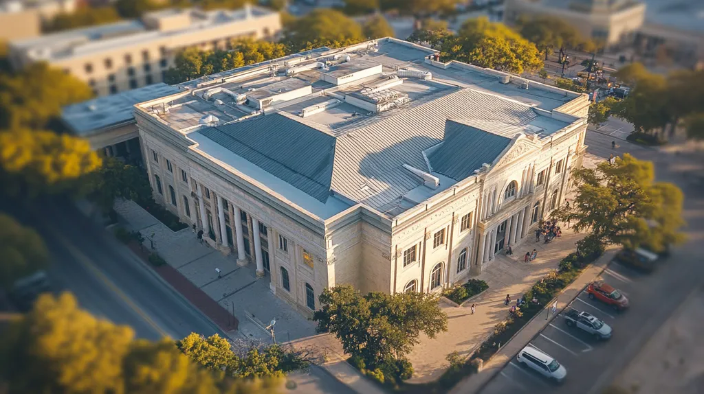 A commercial roof on a mid-rise in a location similar to San Antonio with an ethereal glow aesthetic (AI image)