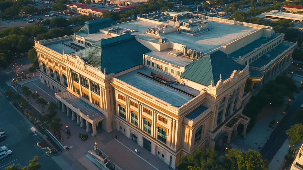 A commercial roof on a mid-rise in a location similar to San Antonio with an ethereal glow aesthetic (AI image)