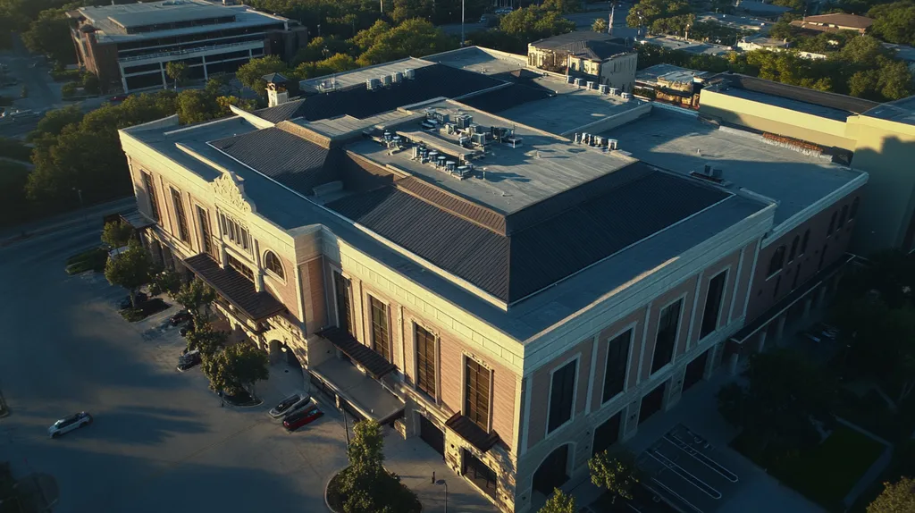 A commercial roof on a mid-rise in a location similar to San Antonio with an ethereal glow aesthetic (AI image)