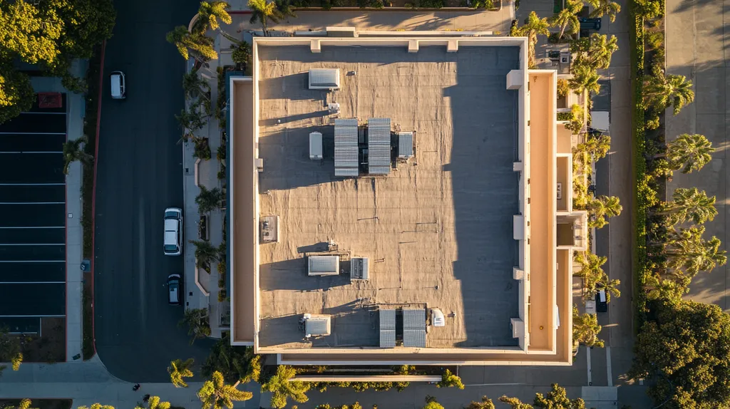 A commercial roof on a mid-rise in a location similar to San Diego with an architectural photography aesthetic (AI image)