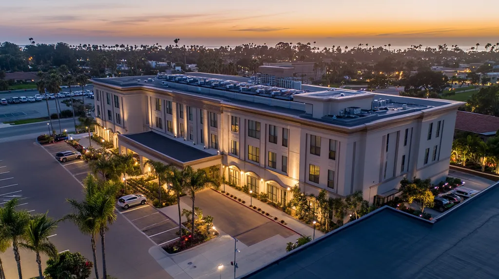 A commercial roof on a mid-rise building in a location similar to San Diego with an illuminated nightscape aesthetic (AI image)