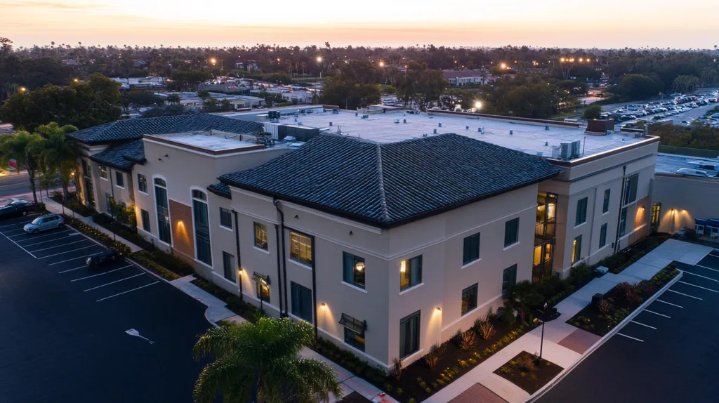 A commercial roof on a mid-rise in a location similar to San Diego with an illuminated nightscape aesthetic (AI image)