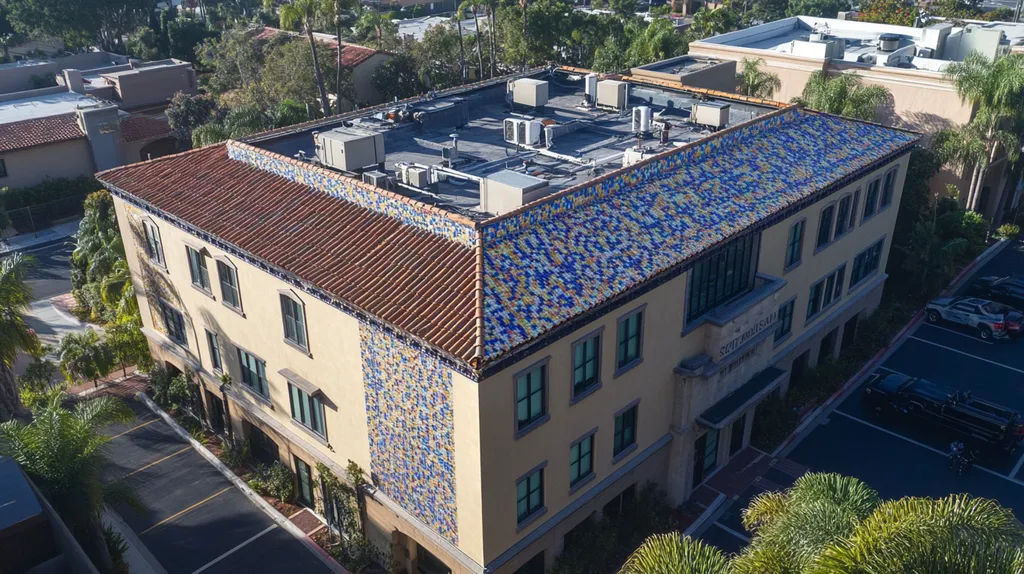 A commercial roof on a mid-rise in a location similar to San Diego with a mosaic tile art aesthetic (AI image)