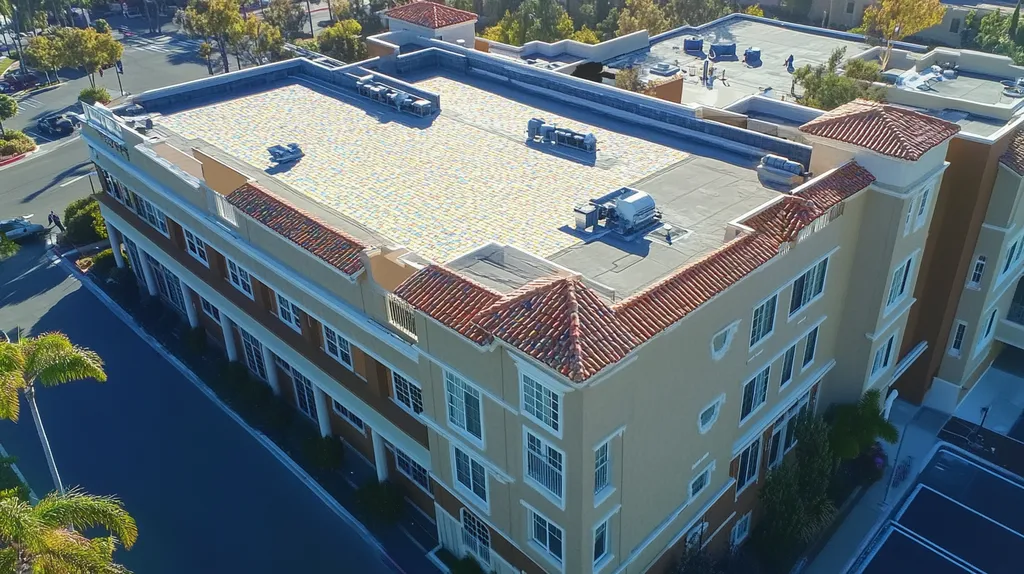 A commercial roof on a mid-rise in a location similar to San Diego with a mosaic tile art aesthetic (AI image)