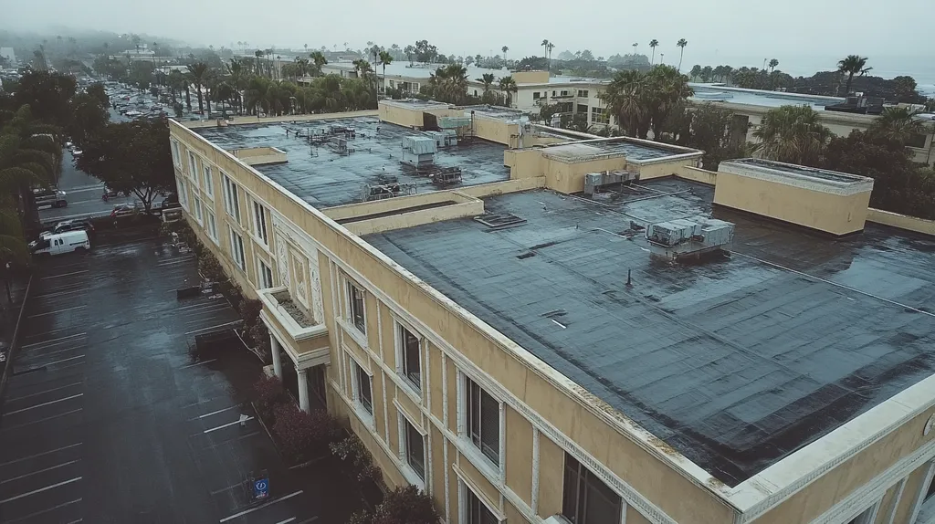 A commercial roof on a mid-rise in a location similar to San Diego with a rainy day aesthetic (AI image)