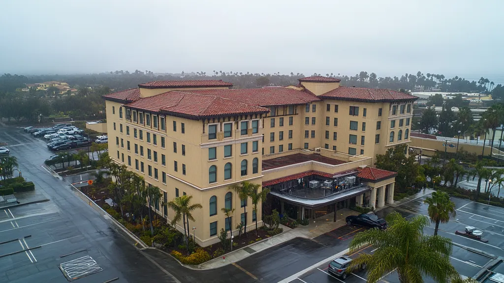 A commercial roof on a mid-rise in a location similar to San Diego with a rainy day aesthetic (AI image)