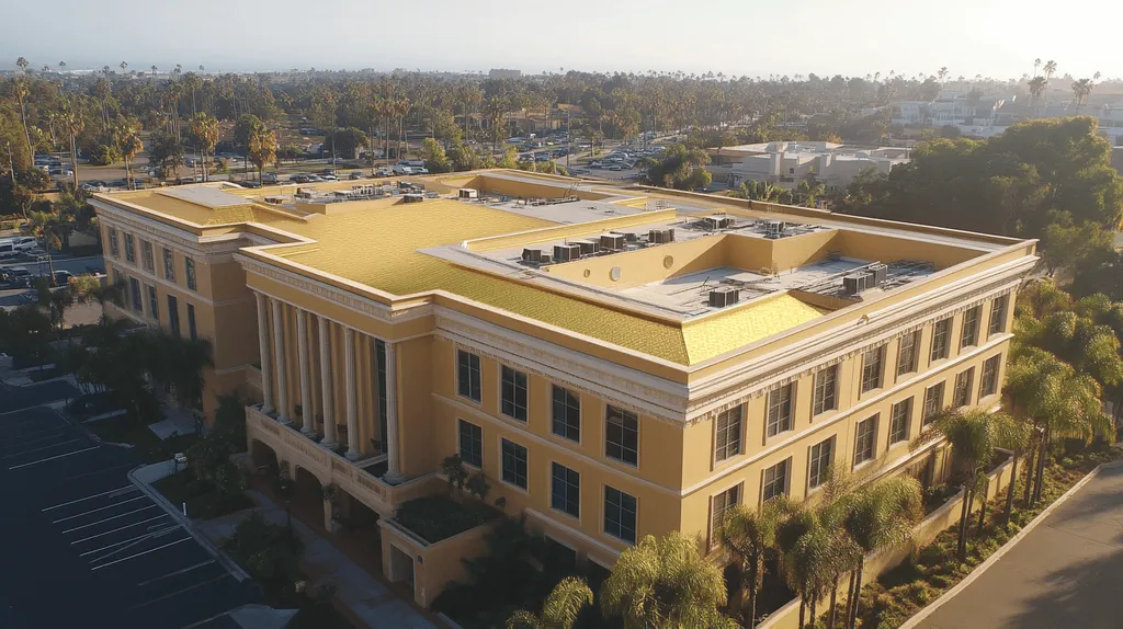 A commercial roof on a mid-rise in a location similar to San Diego with a solid gold aesthetic (AI image)