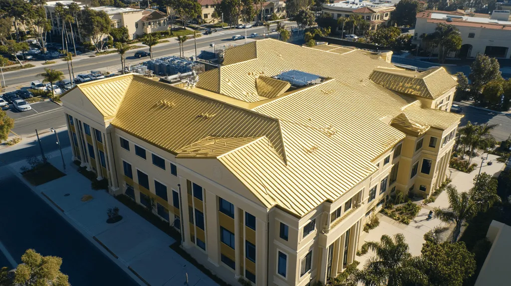 A commercial roof on a mid-rise in a location similar to San Diego with a solid gold aesthetic (AI image)