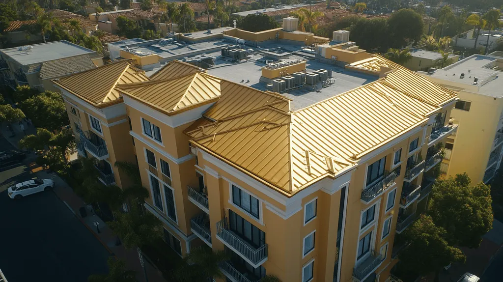 A commercial roof on a mid-rise in a location similar to San Diego with a solid gold aesthetic (AI image)