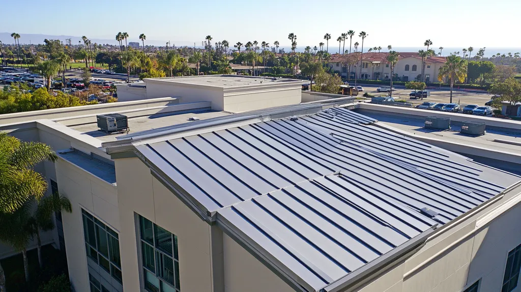 A commercial roof on a mid-rise in a location similar to San Diego with a stainless steel aesthetic (AI image)