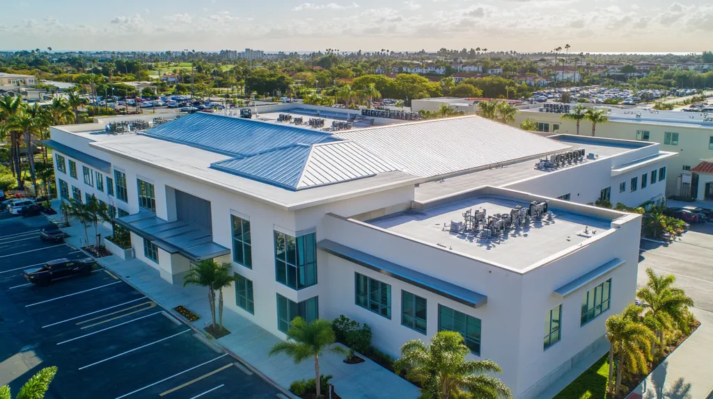 A commercial roof on a mid-rise in a location similar to San Diego with a stainless steel aesthetic (AI image)