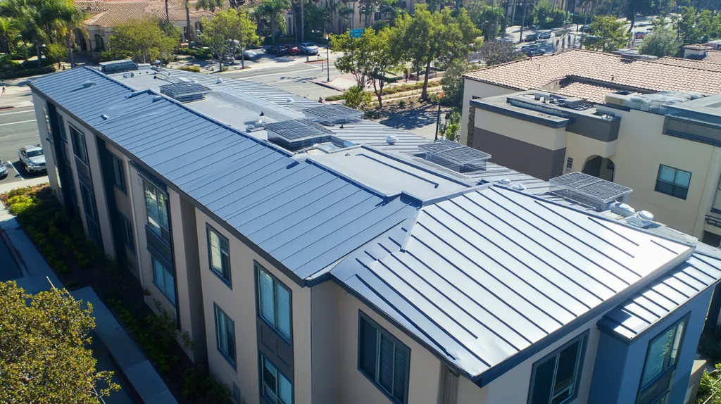 A commercial roof on a mid-rise in a location similar to San Diego with a stainless steel aesthetic (AI image)
