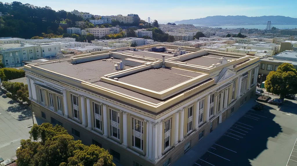 A commercial roof on a mid-rise in a location similar to San Francisco with a color highlight aesthetic (AI image)
