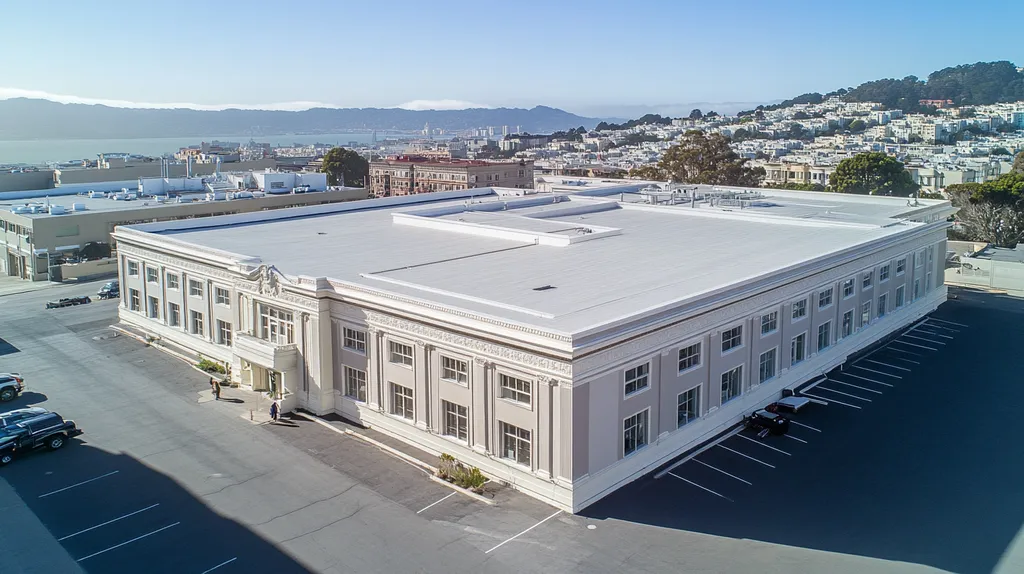 A commercial roof on a mid-rise in a location similar to San Francisco with a color highlight aesthetic (AI image)