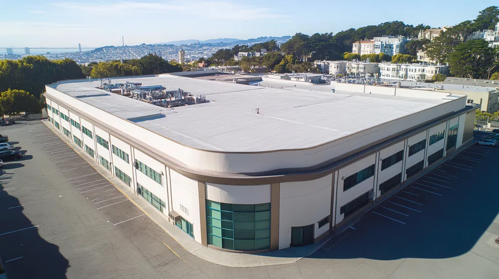 A commercial roof on a mid-rise in a location similar to San Francisco with a futuristic aesthetic (AI image)