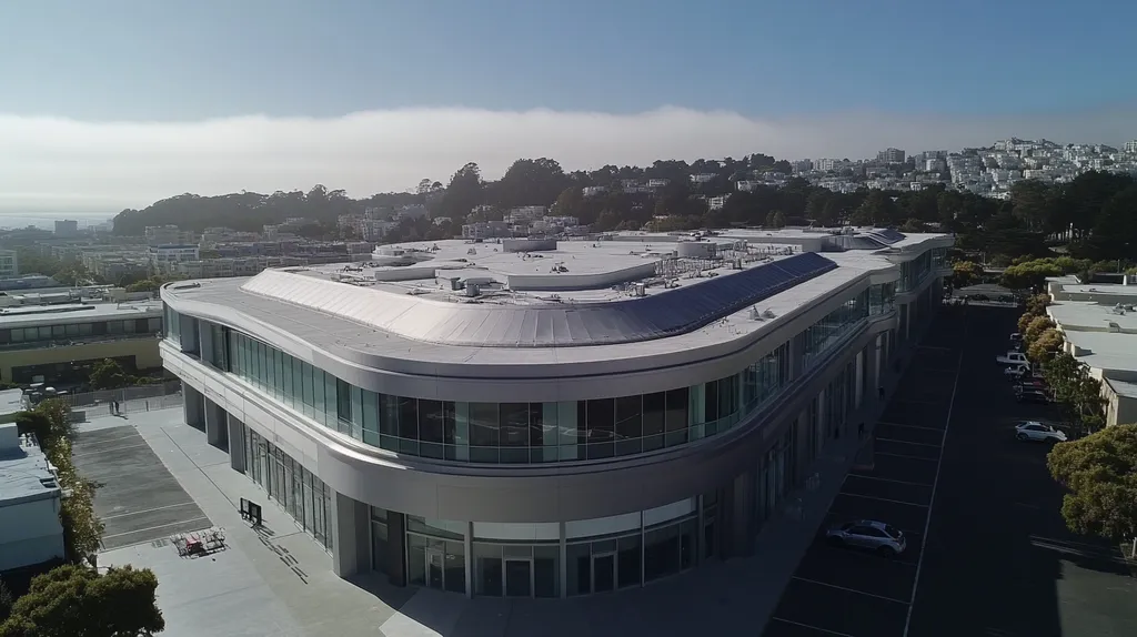 A commercial roof on a mid-rise building in a location similar to San Francisco with a futuristic aesthetic (AI image)