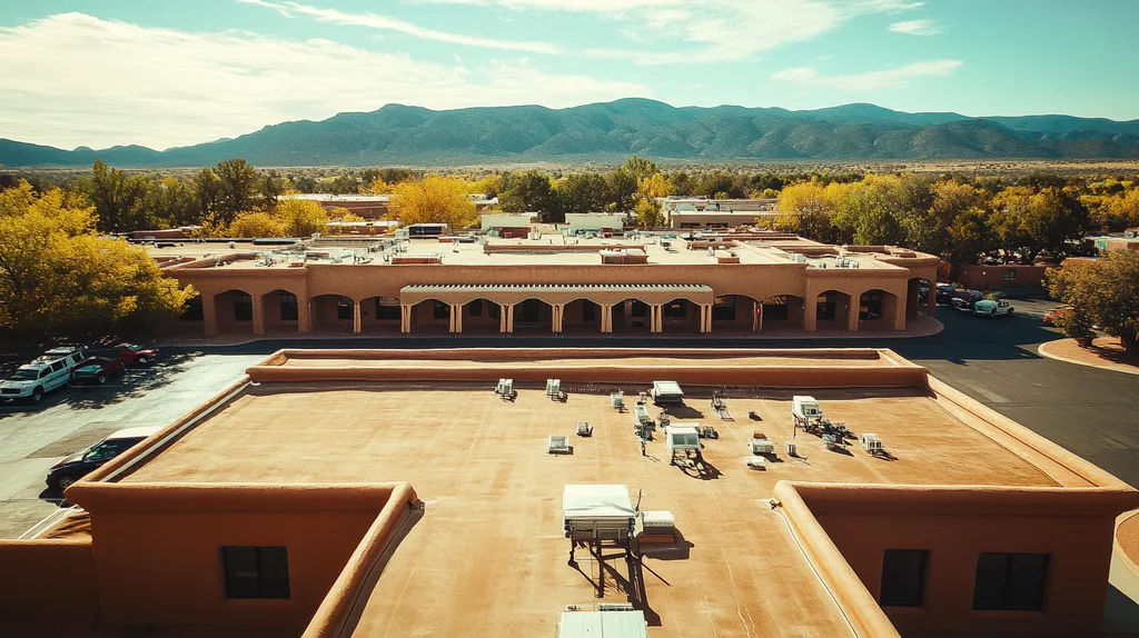 A commercial roof on a mid-rise in a location similar to Santa Fe with a Polaroid aesthetic (AI image)